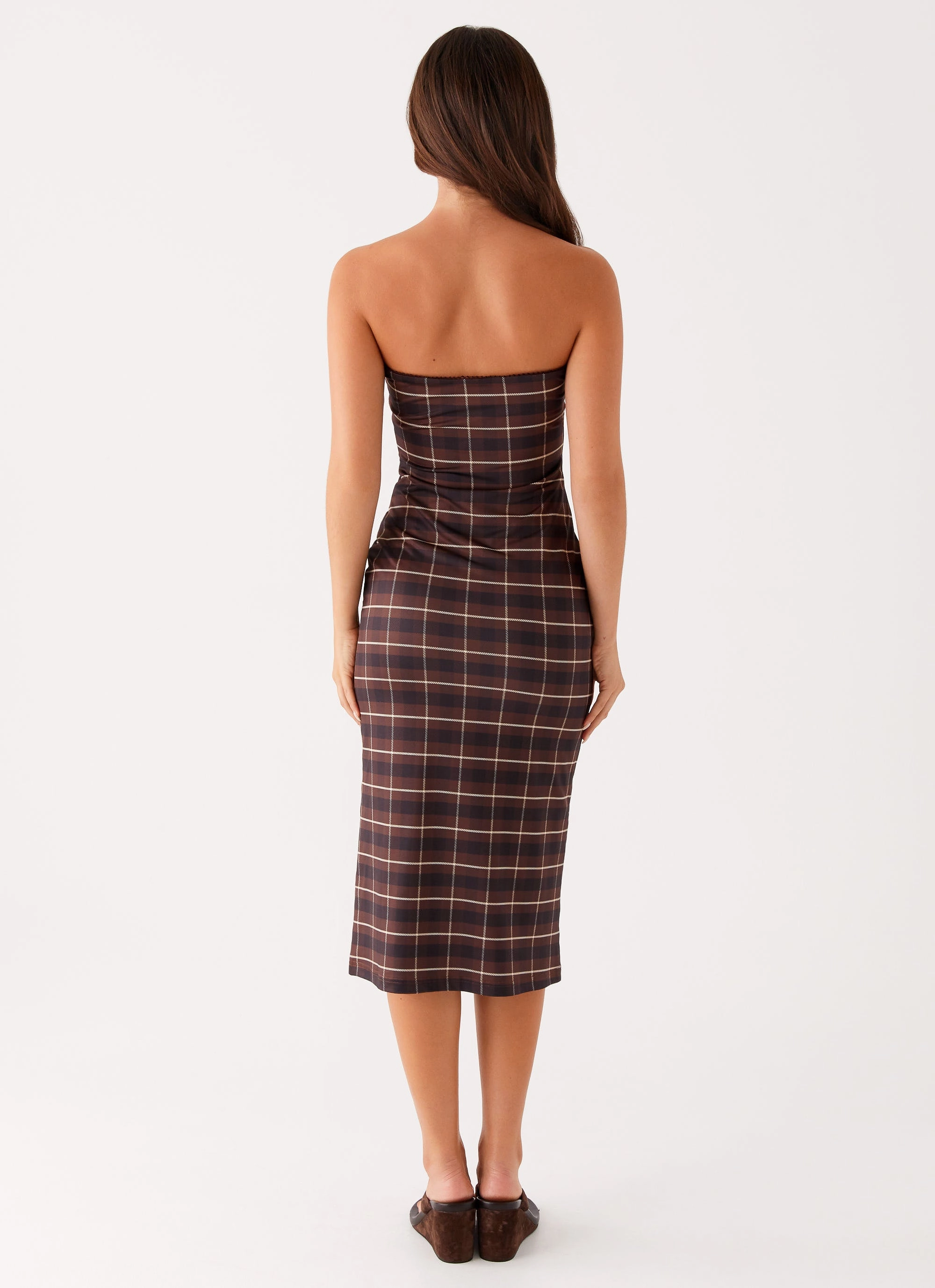 Soft Harmony Niko Strapless Midi Dress - Brown Black Check