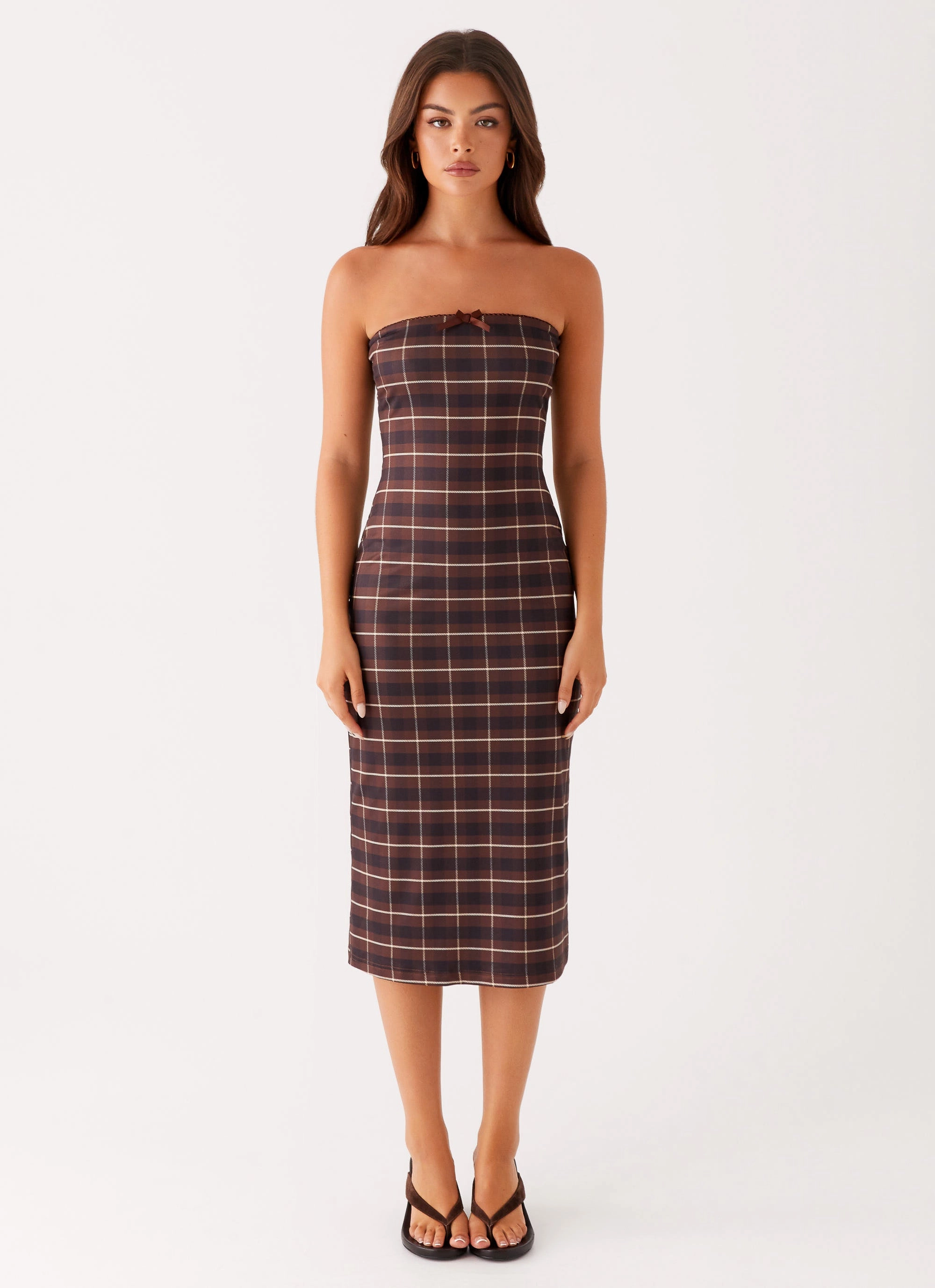 Relax Feel Elegant Detail Niko Strapless Midi Dress - Brown Black Check
