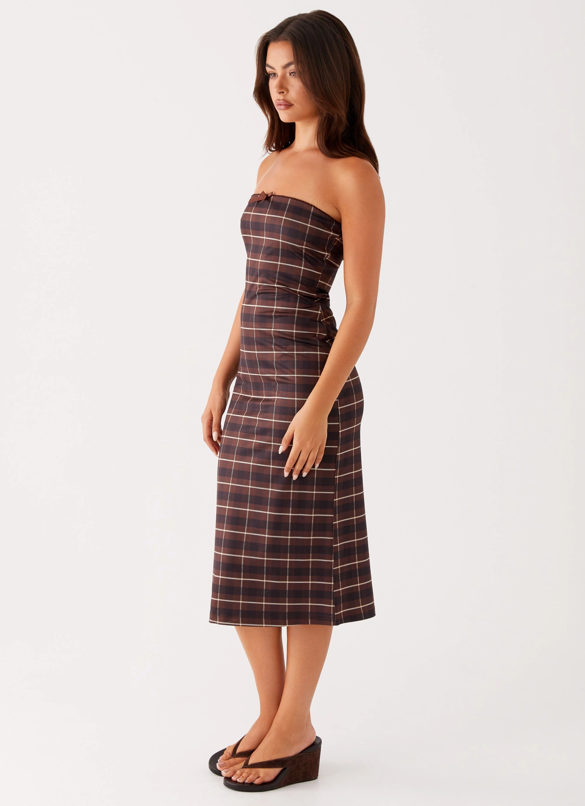 Niko Strapless Midi Dress - Brown Black Check Layered Fit Elegant holiday wear