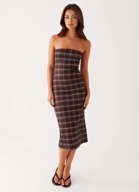 Flattering Style Fit Fashionable appearance Niko Strapless Midi Dress - Brown Black Check
