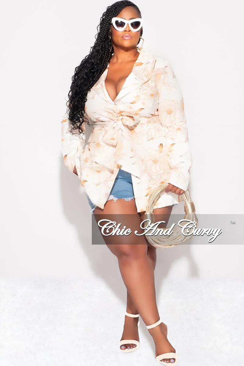 Final Sale Plus Size Blazer in Ivory and Tan Flower Print Ultra Soft Texture Chill Wear