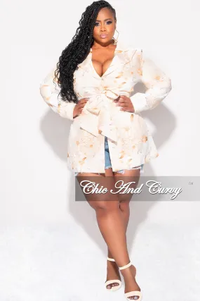 Final Sale Plus Size Blazer in Ivory and Tan Flower Print OdorResistantTreatment Gusseted Crotch