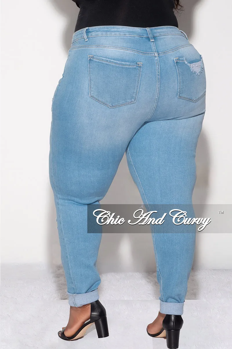 Final Sale Plus Size Distressed Jeans in Light Denim Chilly Day Wear Cozy Stretch Fit