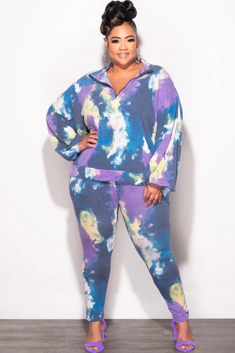 Final Sale Plus Size 2-Piece Set Long Sleeve Top & Pants in Purple & Yellow Tie Dye Utility Ready LowProfileWaistband