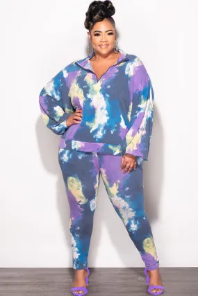 Final Sale Plus Size 2-Piece Set Long Sleeve Top & Pants in Purple & Yellow Tie Dye Utility Ready LowProfileWaistband