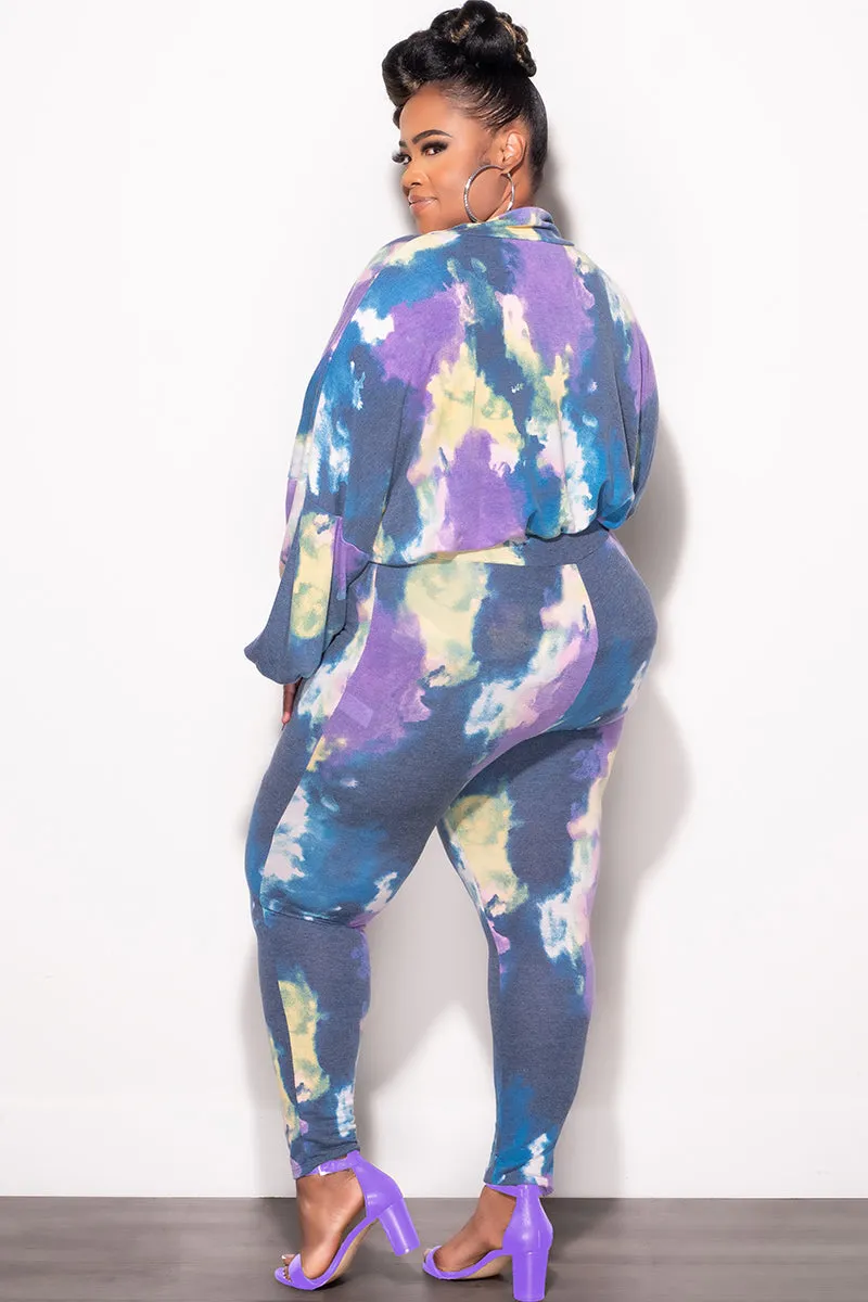 Final Sale Plus Size 2-Piece Set Long Sleeve Top & Pants in Purple & Yellow Tie Dye RipstopFabric