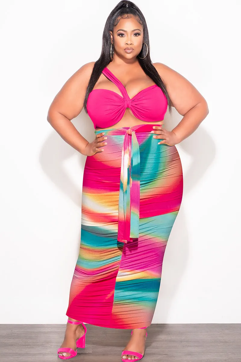 Final Sale Plus Size 2pc One Shoulder Twist Front Bra Top and Skirt in Fuchsia Multi Color Tie Dye Print Smart Wear