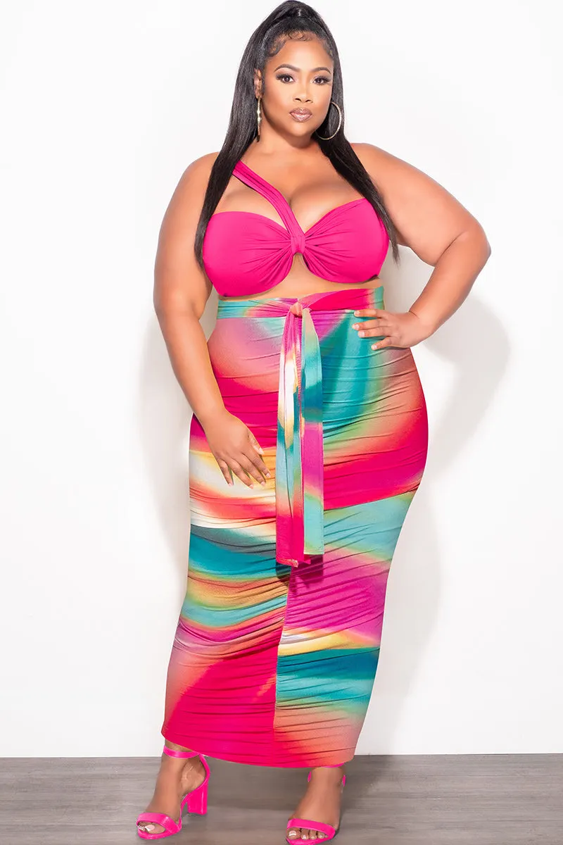 Final Sale Plus Size 2pc One Shoulder Twist Front Bra Top and Skirt in Fuchsia Multi Color Tie Dye Print StaticResistantMaterial