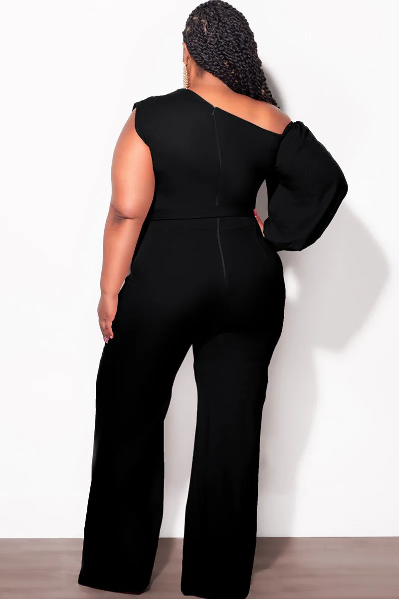 Core Comfort Final Sale Plus Size Balloon Sleeve Jumpsuit with Tie in Black