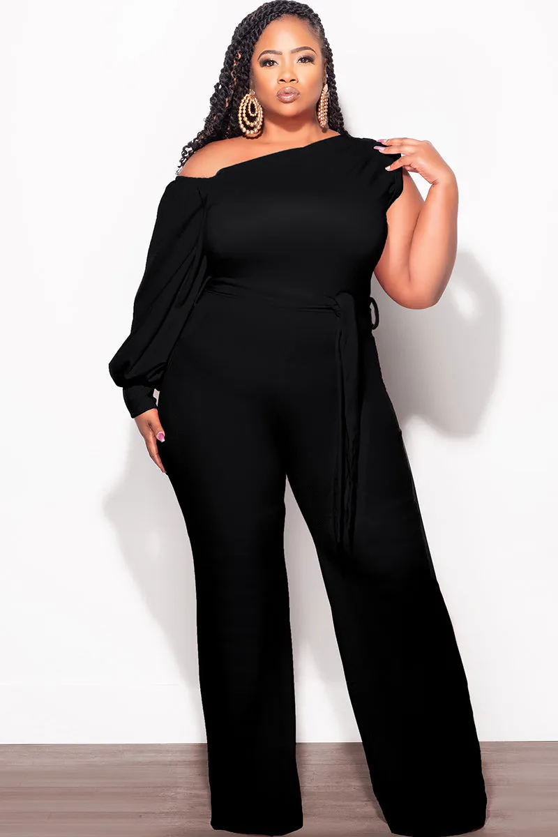 All-Day Wear Tough Wear Final Sale Plus Size Balloon Sleeve Jumpsuit with Tie in Black