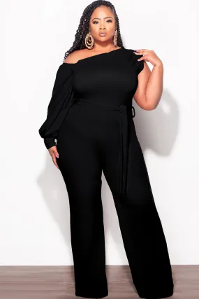 All-Day Wear Tough Wear Final Sale Plus Size Balloon Sleeve Jumpsuit with Tie in Black