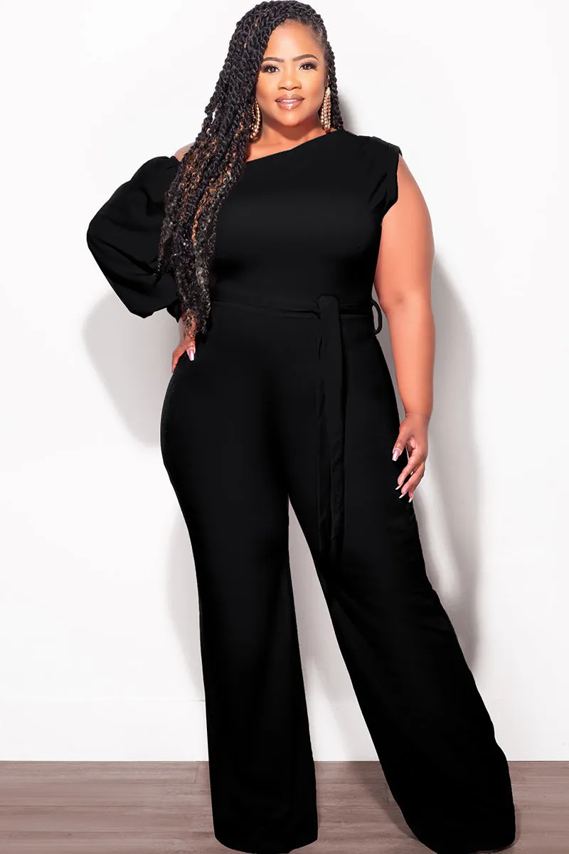 Casual Comfort Fit Minimal Stretch Fit Final Sale Plus Size Balloon Sleeve Jumpsuit with Tie in Black