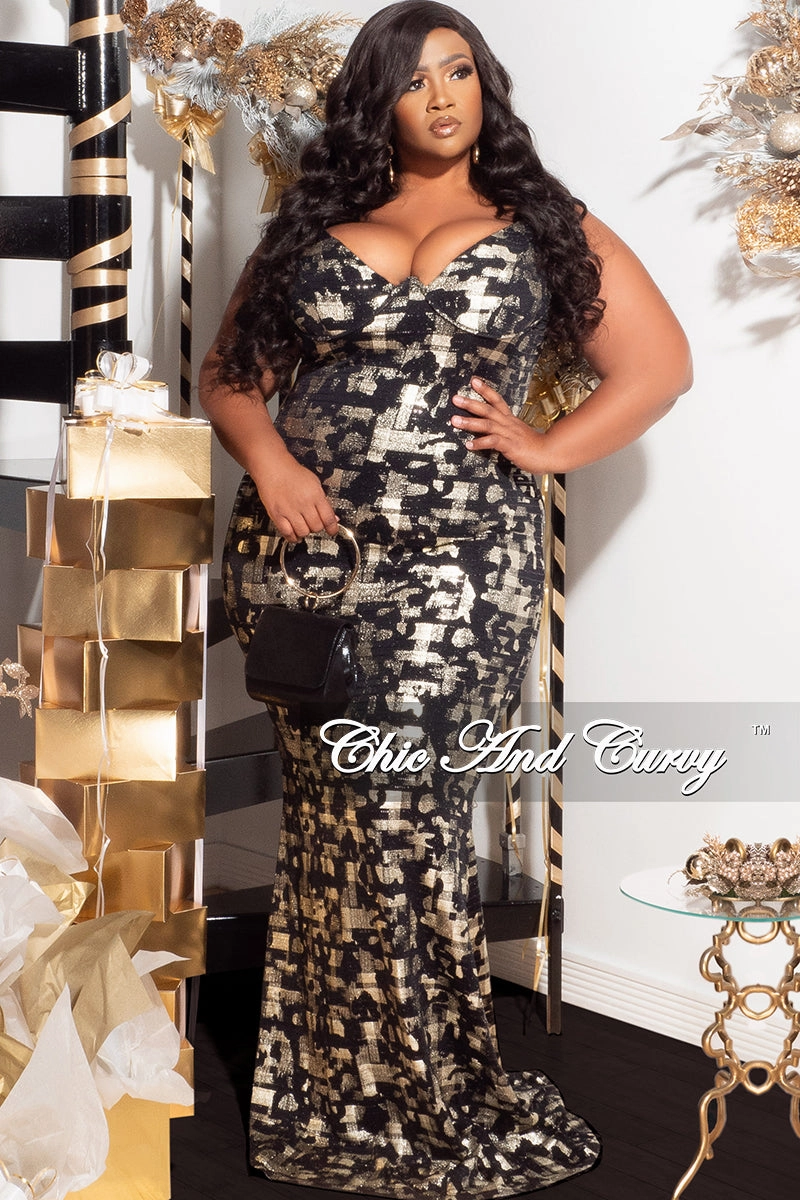 Available Online Only - Final Sale Plus Size Spaghetti Strap Gown in Black and Gold Foil Design Print Fashionable Fit Fashionable Design