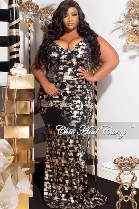 Sport Performance Stylish Cut Available Online Only - Final Sale Plus Size Spaghetti Strap Gown in Black and Gold Foil Design Print