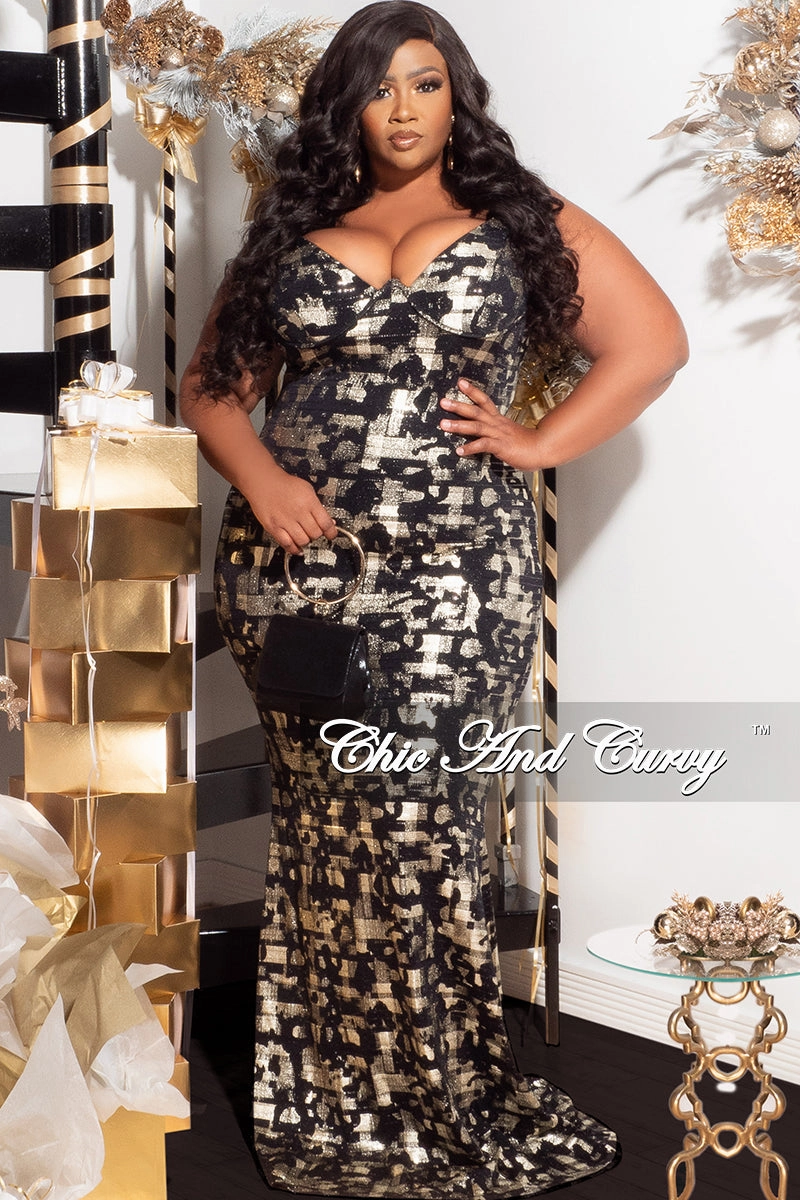 Available Online Only - Final Sale Plus Size Spaghetti Strap Gown in Black and Gold Foil Design Print Anti Snag Fabric