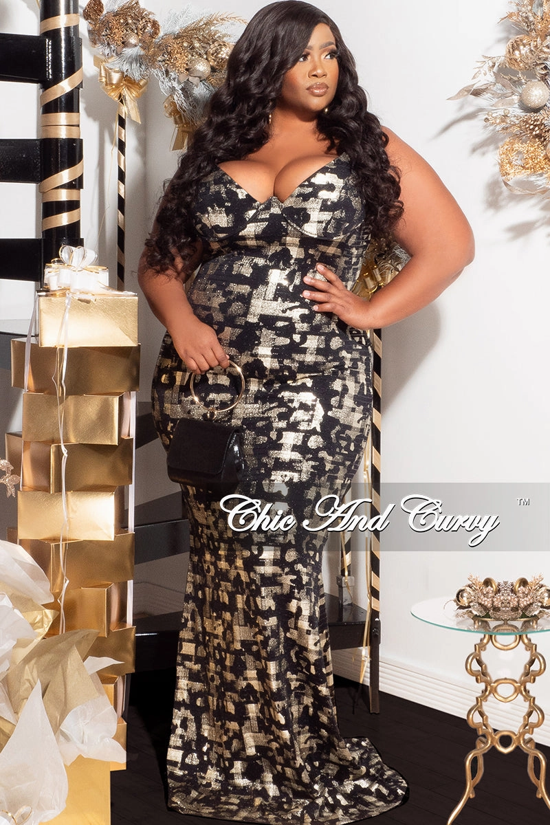 Minimal Design Urban Ready Available Online Only - Final Sale Plus Size Spaghetti Strap Gown in Black and Gold Foil Design Print