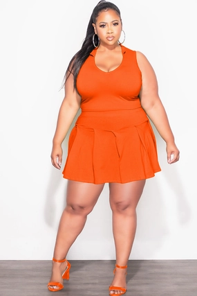 Flex Wear Design Final Sale Plus Size 2pc Collar Short Sleeve Crop Top and Pleated Skort Set in Orange