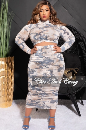 EcoFriendlyBlend Soft Brushed Lining Final Sale Plus Size 2pc Set Ruched Long Sleeve Crop Top & Skirt in Tan and Blue Dragon Print