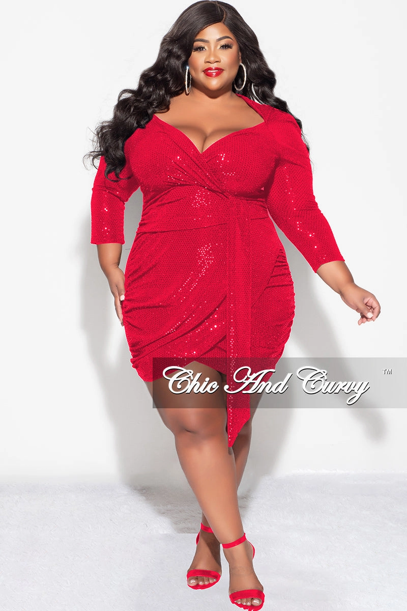 Casual Essentials Wear brandable Final Sale Plus Size Bodycon V-Neck Long Sleeve Confetti Dot Knit Sequin Dress in Red