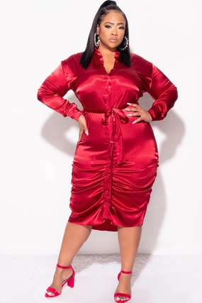 Final Sale Plus Size Satin Collar Button Up Dress with Attached Belt and Ruched Bottom in Burgundy Street Active