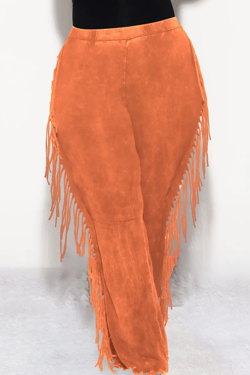 Final Sale Plus Size High Waist Fringe Trim Pants in Rust Mineral Wash Print Jersey Functional Comfort Wear Flex Foam Inserts