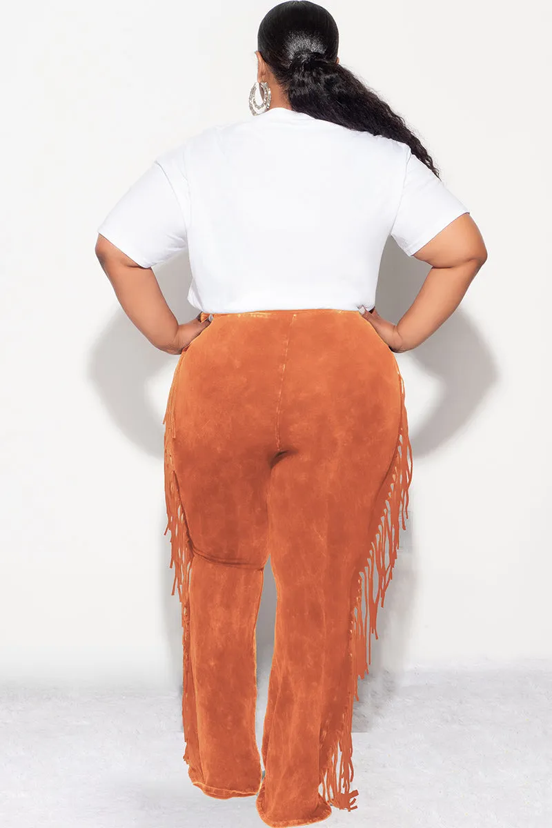 Final Sale Plus Size High Waist Fringe Trim Pants in Rust Mineral Wash Print Jersey Breathable Waist