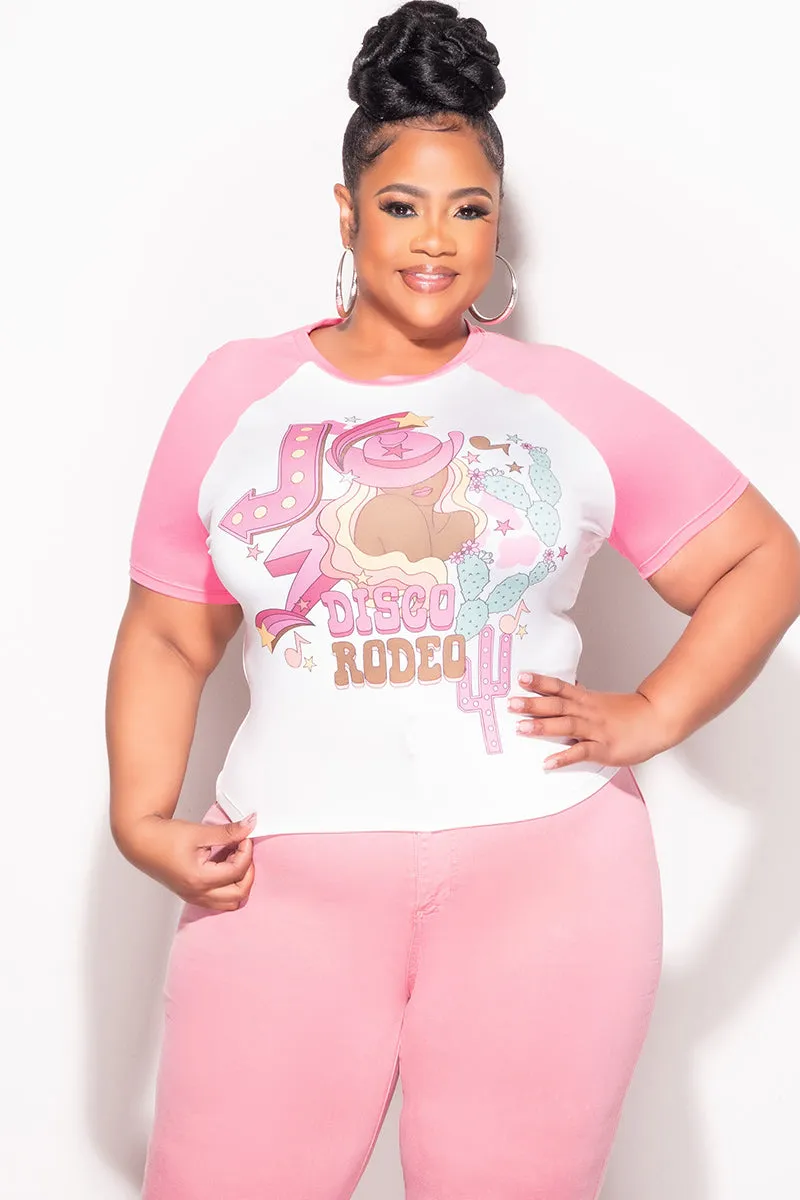 Temperature Regulating Fabric Final Sale Plus Size "Disco Rodeo" Graphic Top in Pink and White