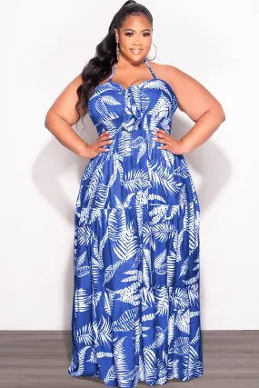 ExpandableSidePanels Final Sale Plus Size Halter Tiered Dress in Royal Blue and White Leaf Print