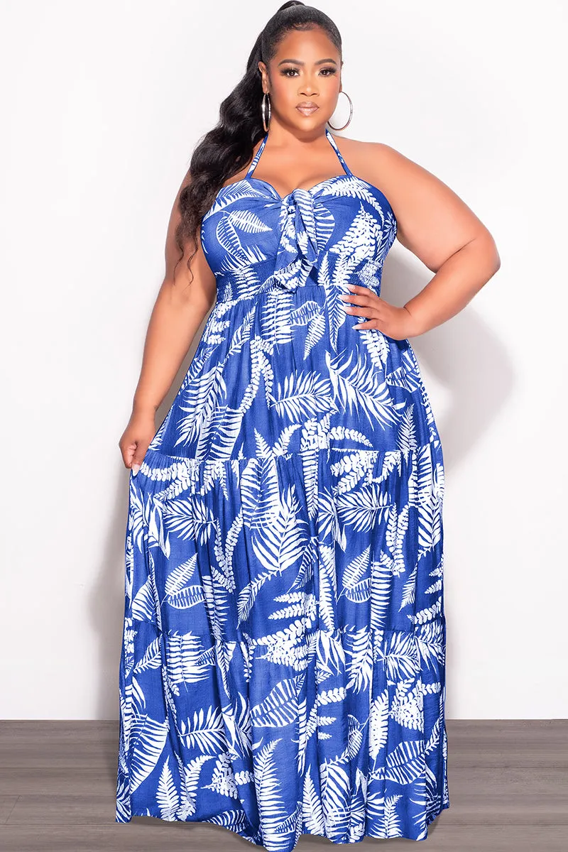 Final Sale Plus Size Halter Tiered Dress in Royal Blue and White Leaf Print MachineWashable QuickDryTech
