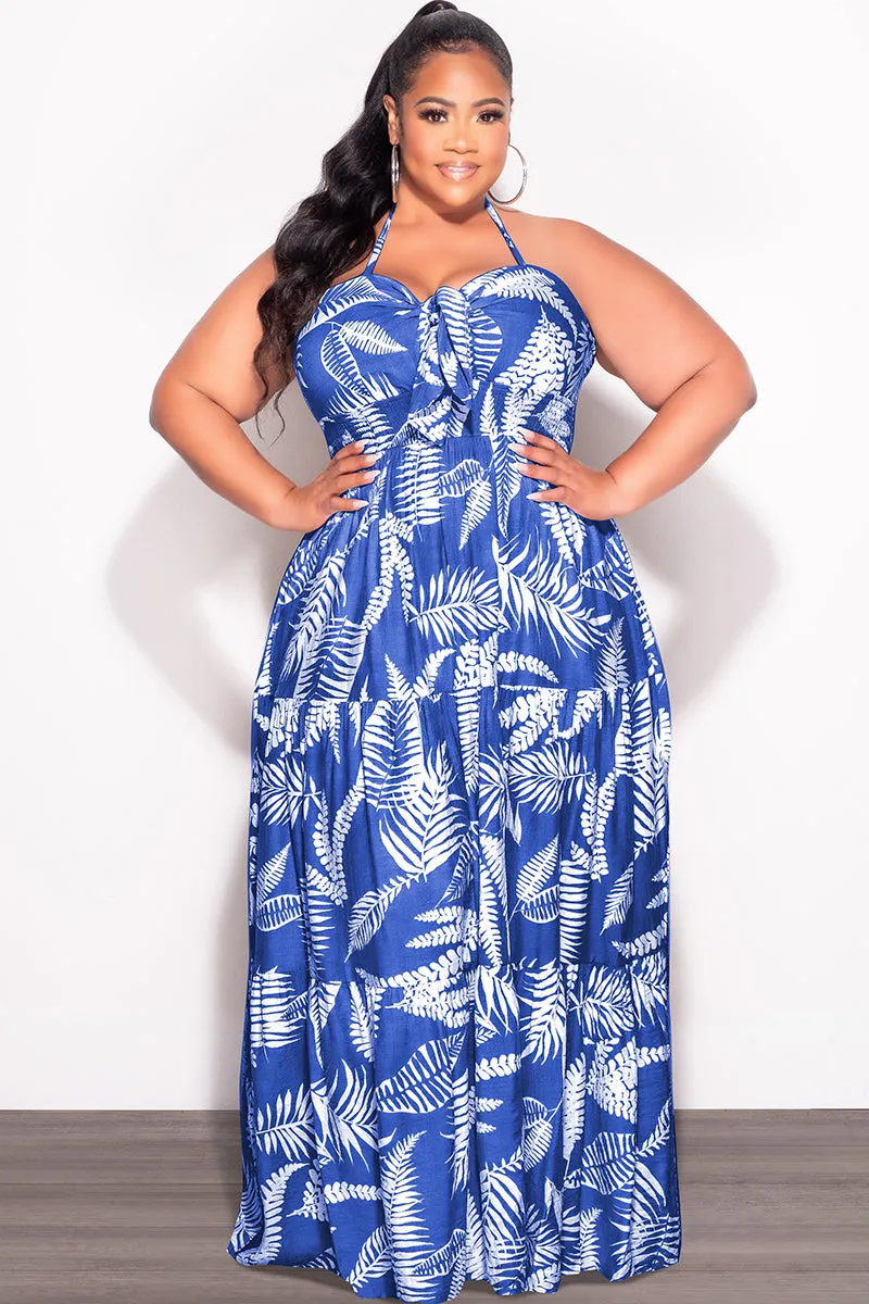 ExpandableSidePanels Final Sale Plus Size Halter Tiered Dress in Royal Blue and White Leaf Print