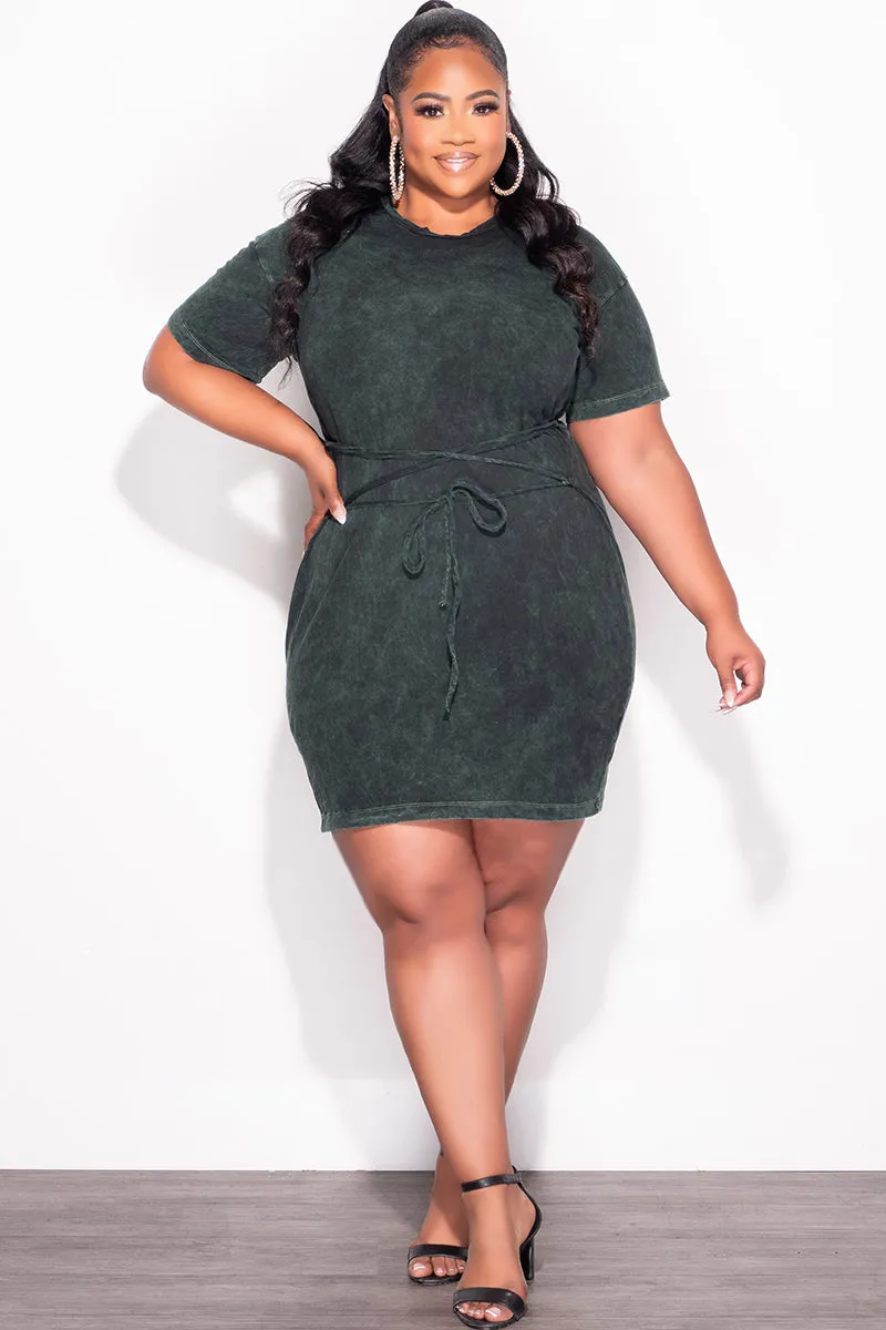 Thermal Lining Final Sale Plus Size Lace Up Front T-Shirt Dress in Green