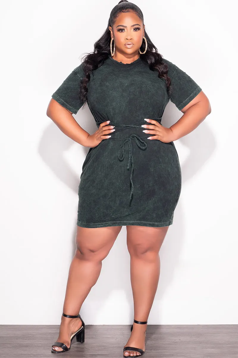 Final Sale Plus Size Lace Up Front T-Shirt Dress in Green LightweightDesign