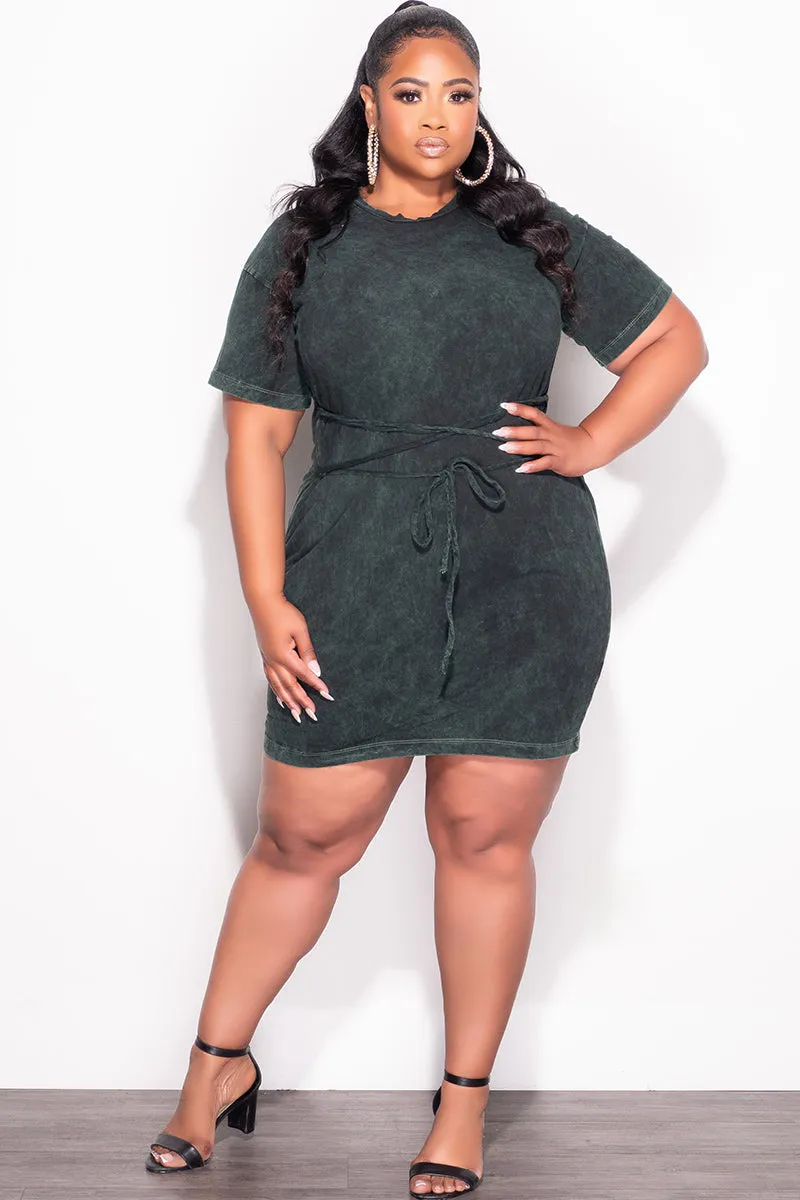 Final Sale Plus Size Lace Up Front T-Shirt Dress in Green Casual Active Refined fit