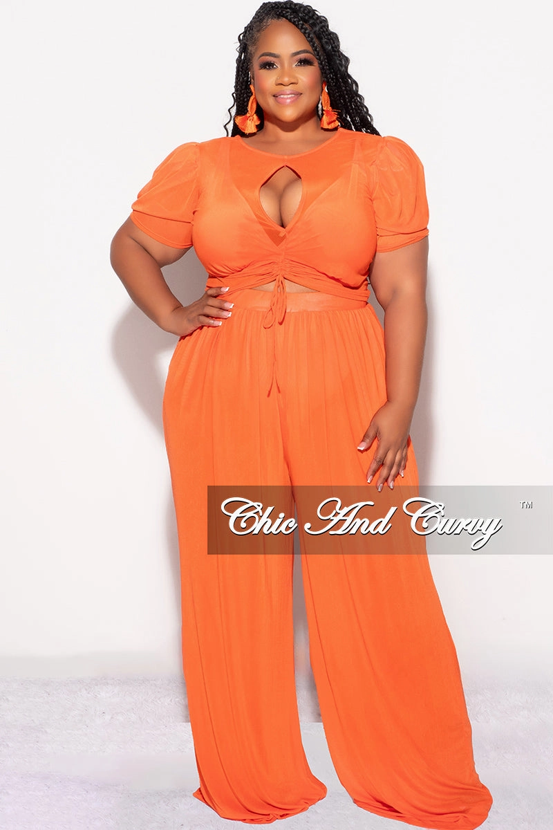 Windproof coating Final Sale Plus Size Mesh 3pc Set Top, Bralette, & Pant with Briefs in Orange