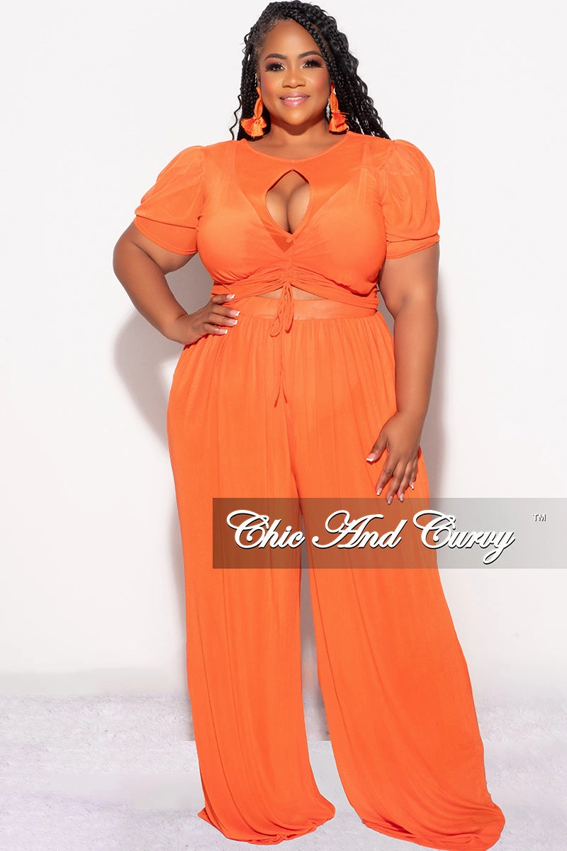 Anti Snag Fabric Raw edge Final Sale Plus Size Mesh 3pc Set Top, Bralette, & Pant with Briefs in Orange