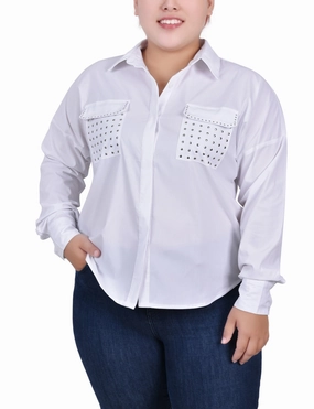Plus Size Long Sleeve Hidden Placket Blouse With Studs BuiltInLayer