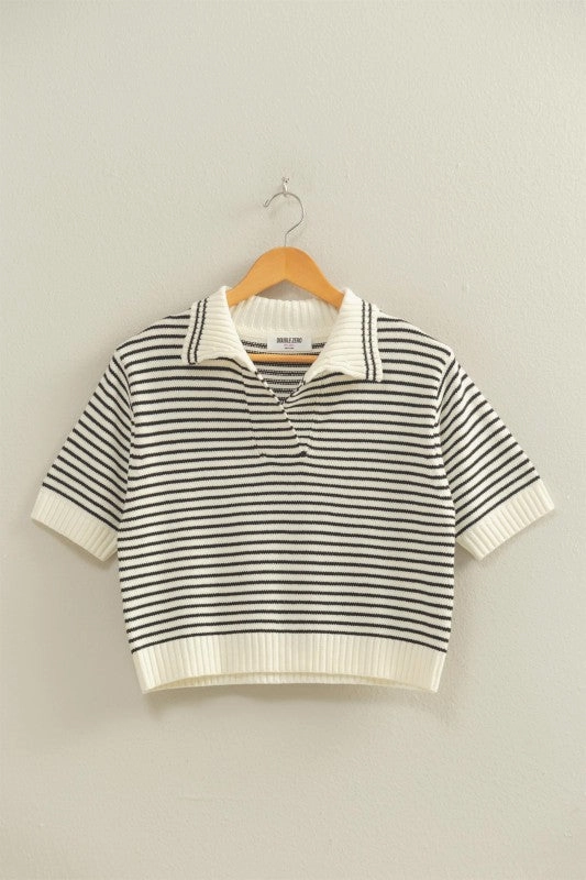 Zoe Striped Collared Short Sleeve Knit Top Tapered Cut Active Design