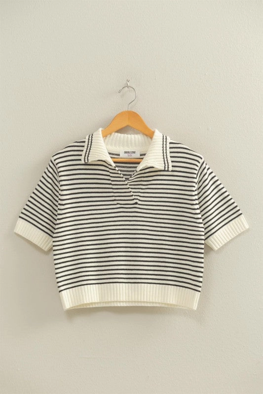 DoubleStitchedHem Comfortable Cut Zoe Striped Collared Short Sleeve Knit Top