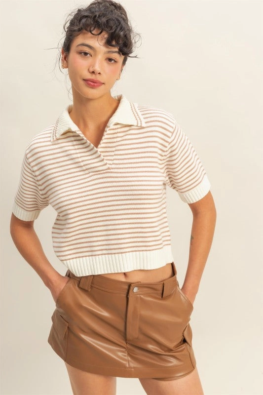 Stretch Comfort Zoe Striped Collared Short Sleeve Knit Top
