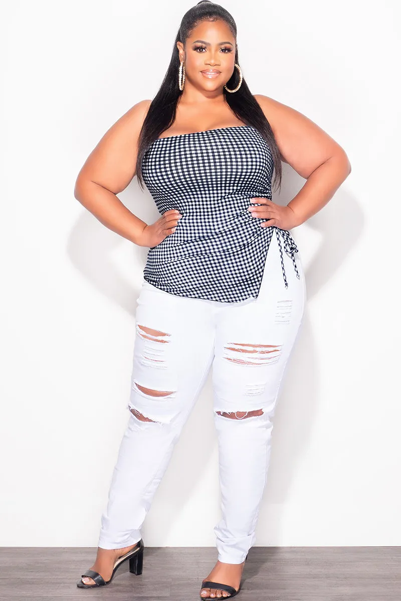 Flexible Waist Durable Fabric Final Sale Plus Size Gingham Tube Top with Drawstring Ruched Side in Black & White