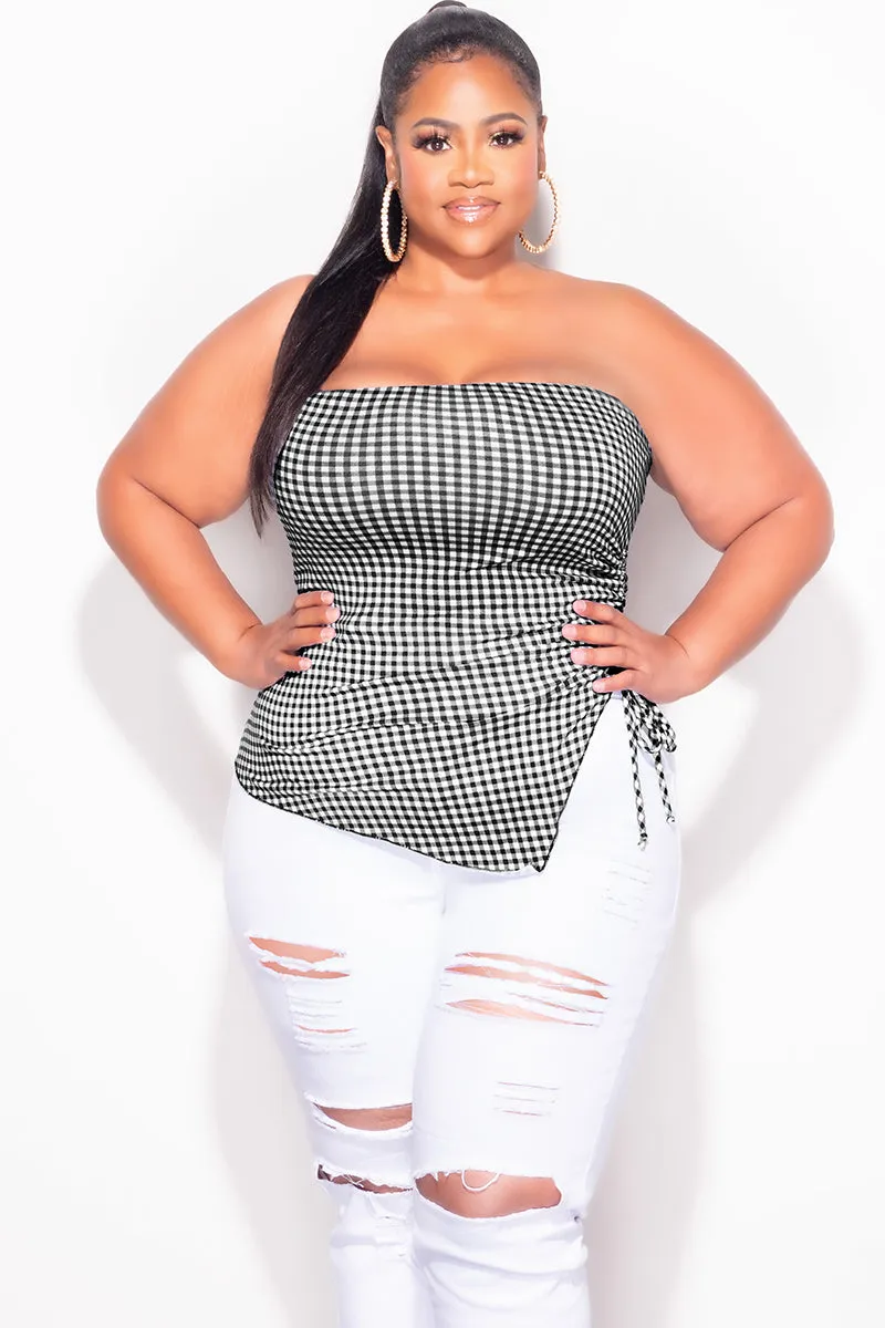 Stylish Wear Final Sale Plus Size Gingham Tube Top with Drawstring Ruched Side in Black & White