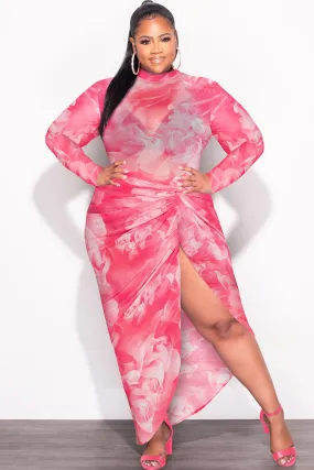 Final Sale Plus Size 2-Pc Mesh Set with Bodysuit & High Split Skirt in Pink Floral Print Comfortable Look Wear
