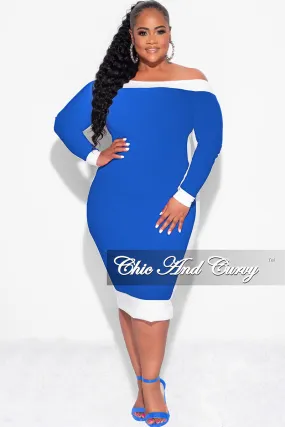 Layer-Friendly Final Sale Plus Size Off the Shoulder BodyCon Dress in Royal with White Trim