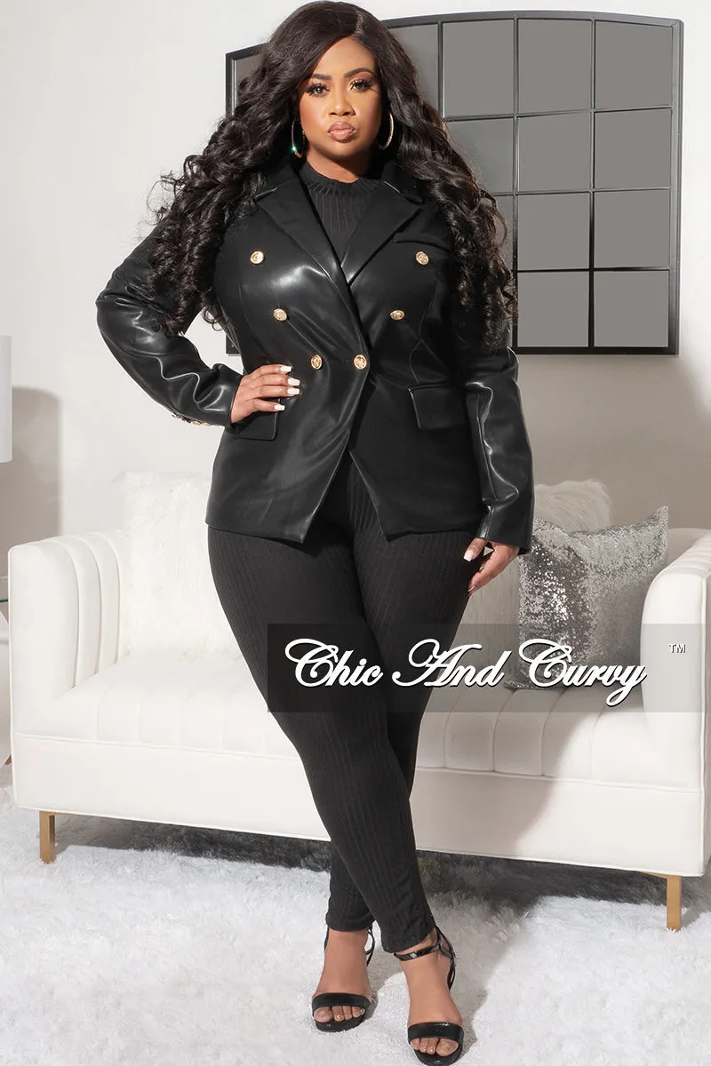 Final Sale Plus Size Faux Leather Blazer Jacket in Black with Gold Accents Softened Hem Sporty Layer