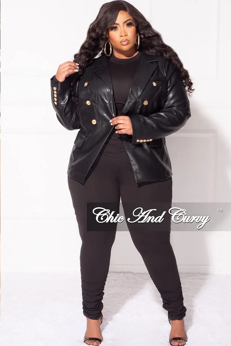 UV protection coating Final Sale Plus Size Faux Leather Blazer Jacket in Black with Gold Accents