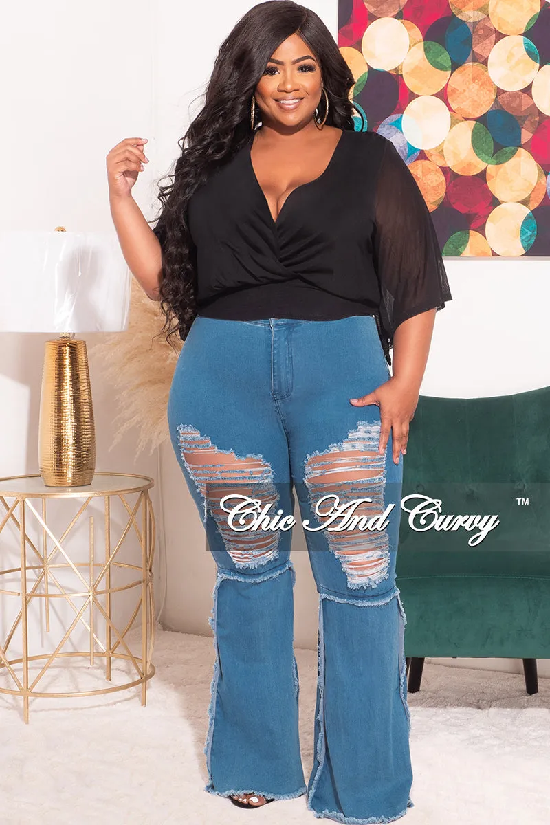 Sleek Comfort Final Sale Plus Size Mesh See Thru Deep V Faux Wrap Top in Black