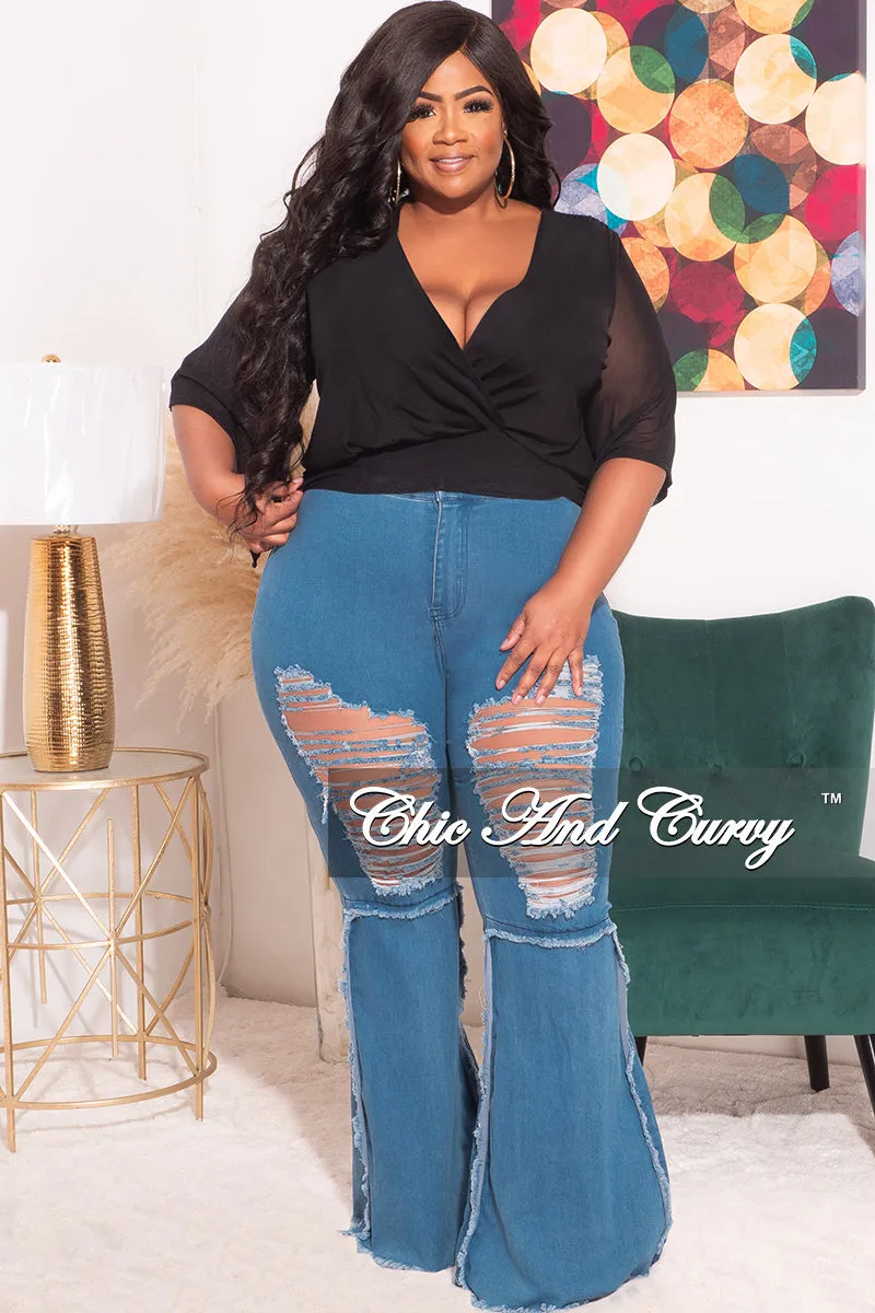 Final Sale Plus Size Mesh See Thru Deep V Faux Wrap Top in Black smooth zipper Recycled fibers