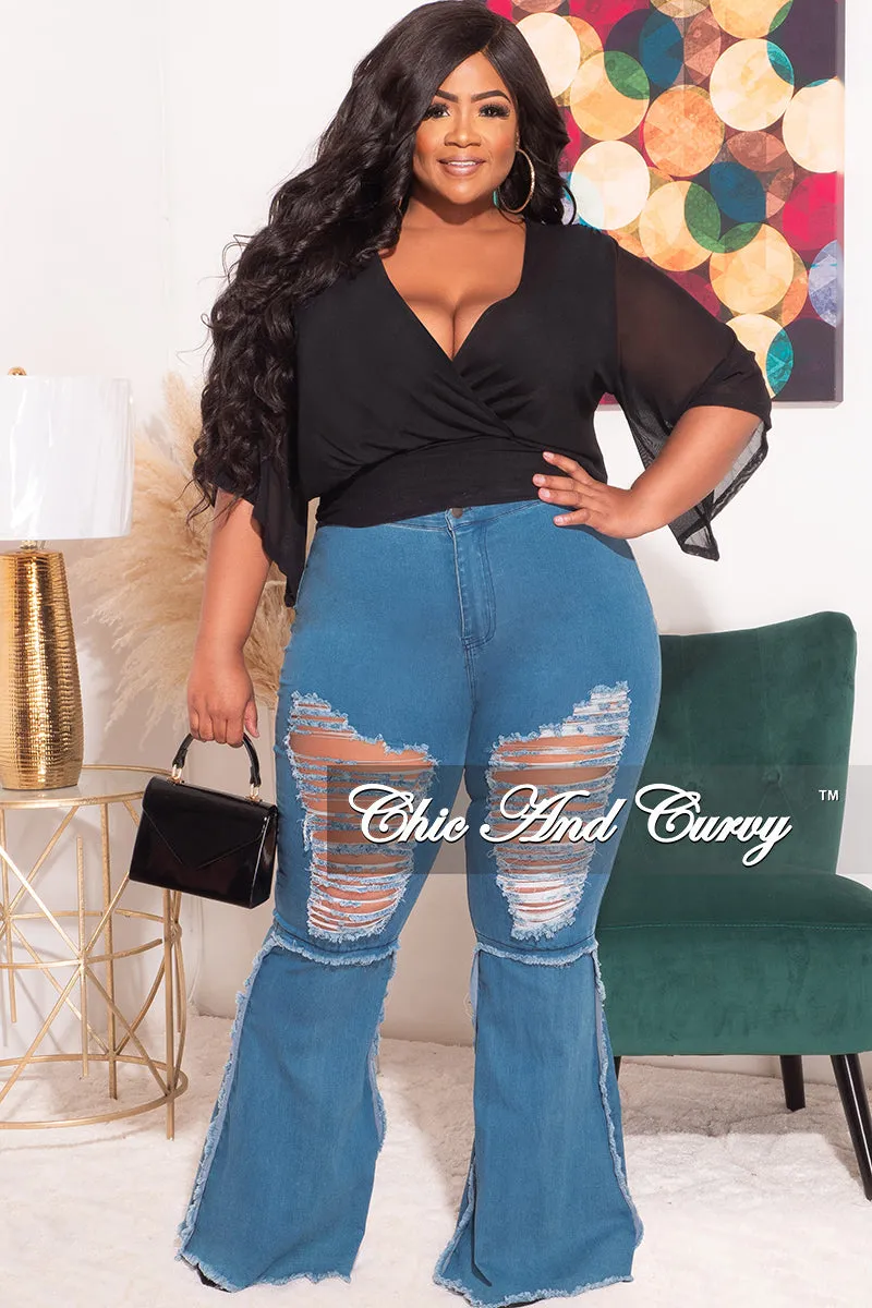 Outdoor Adventure Layering Comfort Final Sale Plus Size Mesh See Thru Deep V Faux Wrap Top in Black