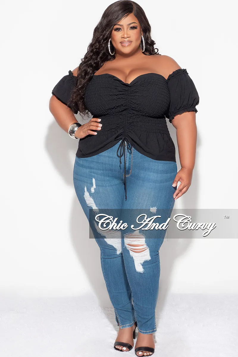 Final Sale Plus Size Off the Shoulder Frill Top with Middle Drawstring and Ruffle Bottom in Black Casual Style Sport Ready Fit