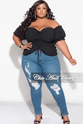 Odor control Final Sale Plus Size Off the Shoulder Frill Top with Middle Drawstring and Ruffle Bottom in Black